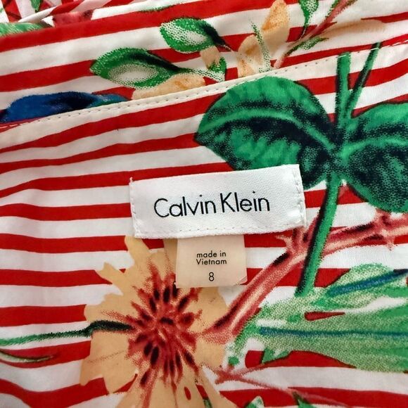 Calvin Klein Floral Striped Wrap Dress  High Low Red Pinstripe Pinup Size 8 - Picture 10 of 10